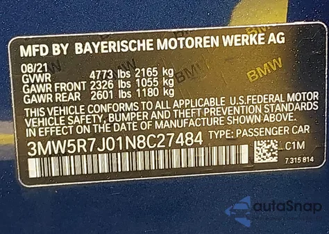 2022 BMW 330I xDrive z USA, uszkodzony, nr VIN 3MW5R7J01N8C27484